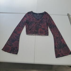 Whimsigoth Mesh Top Womens Small Rose Dark Floral Bell Sleeve Sheer Goth Y2K